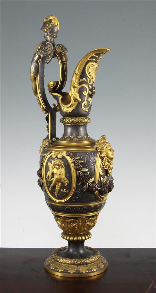 A Continental Renaissance Revival silver plated and ormolu ewer, 17.5in.